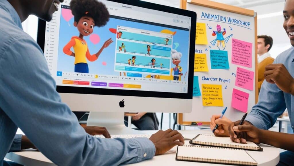 participants travaillant ensemble sur un ordinateur projet d’animation en cours, avec des timelines et des personnages en mouvement tableau blanc avec des notes