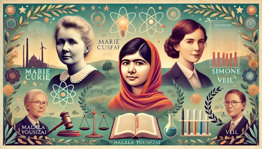 collage d'images représentant des figures emblématiques comme Marie Curie, Malala Yousafzai, et Simone Veil, avec leurs noms et leurs réalisations en légende