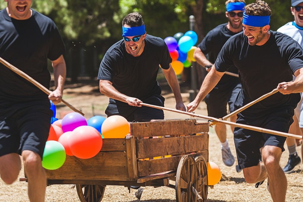 activité exterieur team building equipe brouette bandana équipe bleu sport