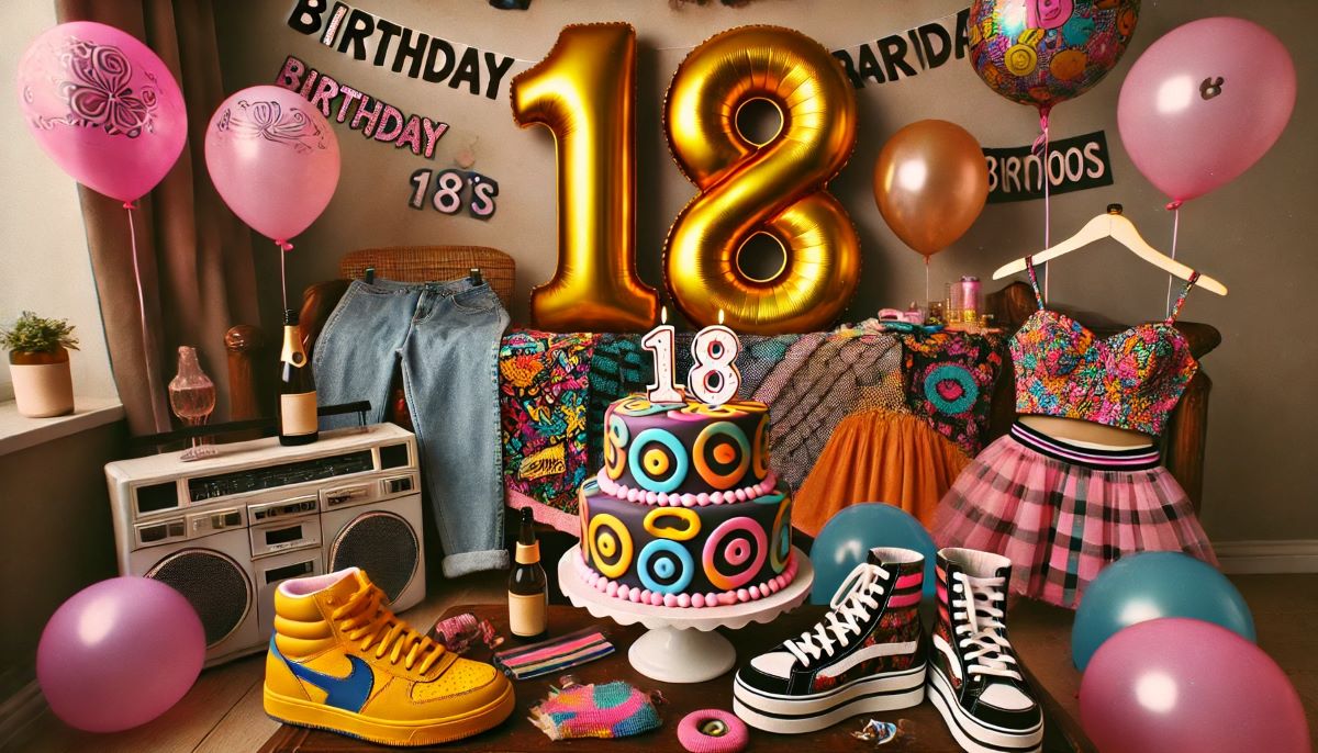 anniversaire 18 ans deco theme retro années 2000 90 sneakers vans sono boombox ballon gonflable chiffre or gateau tenue