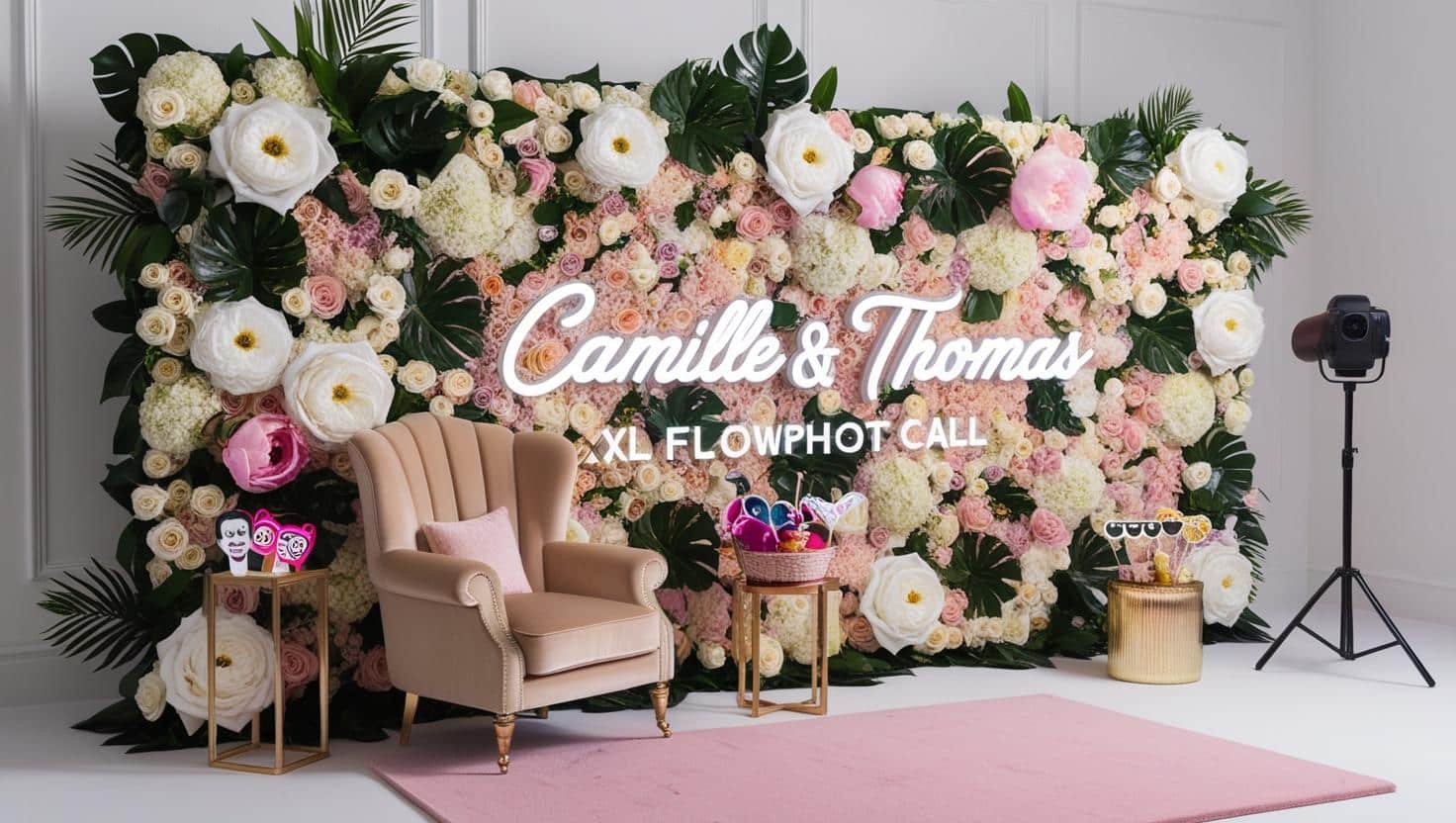 photocall glamour avec un mur de fleurs et néon personnalisé 💖✨ Description de l’image : 📸 Un mur de fleurs XXL constitué de roses blanches et roses poudrées, de pivoines et de feuillages verts luxuriants, servant de fond pour les photos des mariés et invités. 💡 Au centre, un néon lumineux personnalisé avec les prénoms des mariés ("Camille & Thomas