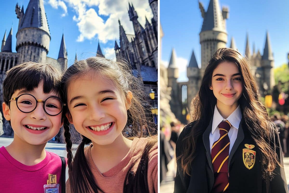 enfant déguisé dans le parc harry potter poudlard chateau