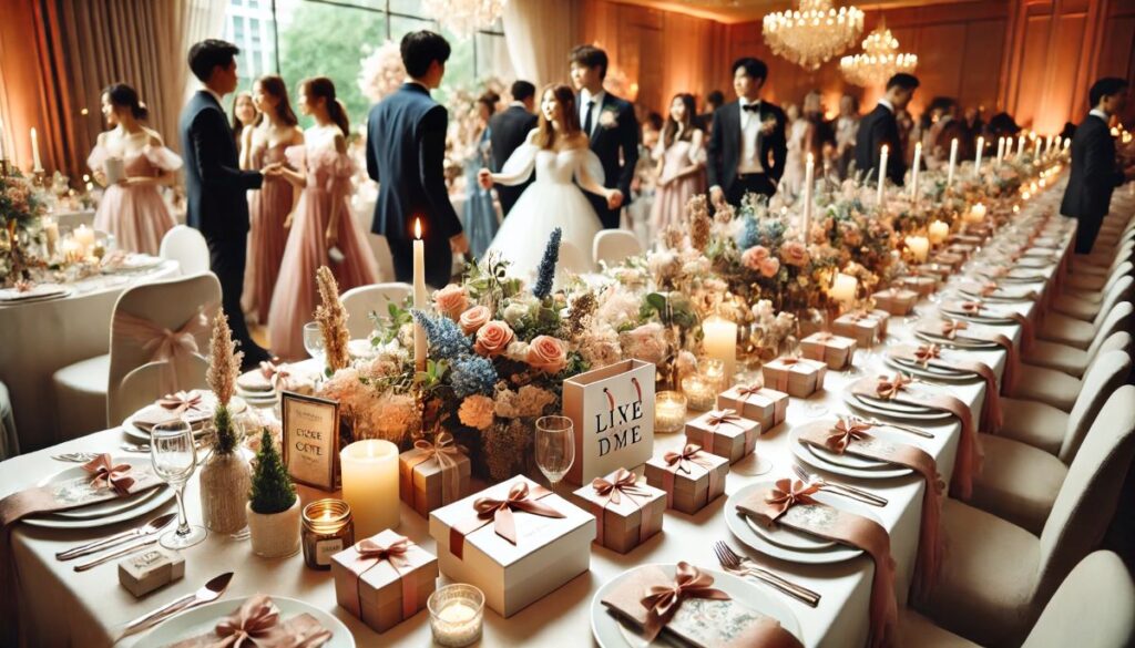 boite cadeau surprise posé sur la table lors d'un diner de mariage pour les invités. Ambiance chic chemin de table nœuds rose satin