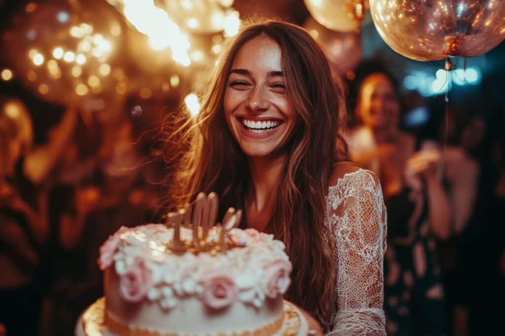 gateau anniversaire de mariage femme mariée robe blanche dentelle bougie fête ambiance joyeuse