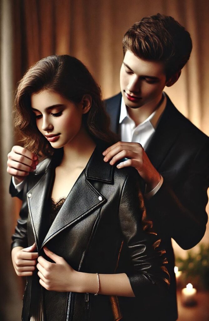 cadeau pour femme veste en cuir perfecto noir homme aide mettre le manteau