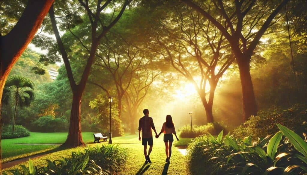 couple se balade romantiquement dans un par main dans la main soleil couchant horizon parc pleine nature