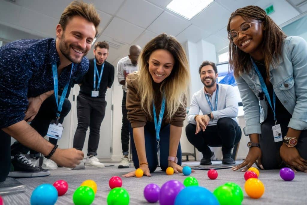 jeu en entreprise avec collègues boules couleurs au sol moquette activité fun